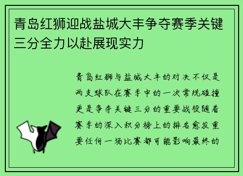 青岛红狮迎战盐城大丰争夺赛季关键三分全力以赴展现实力